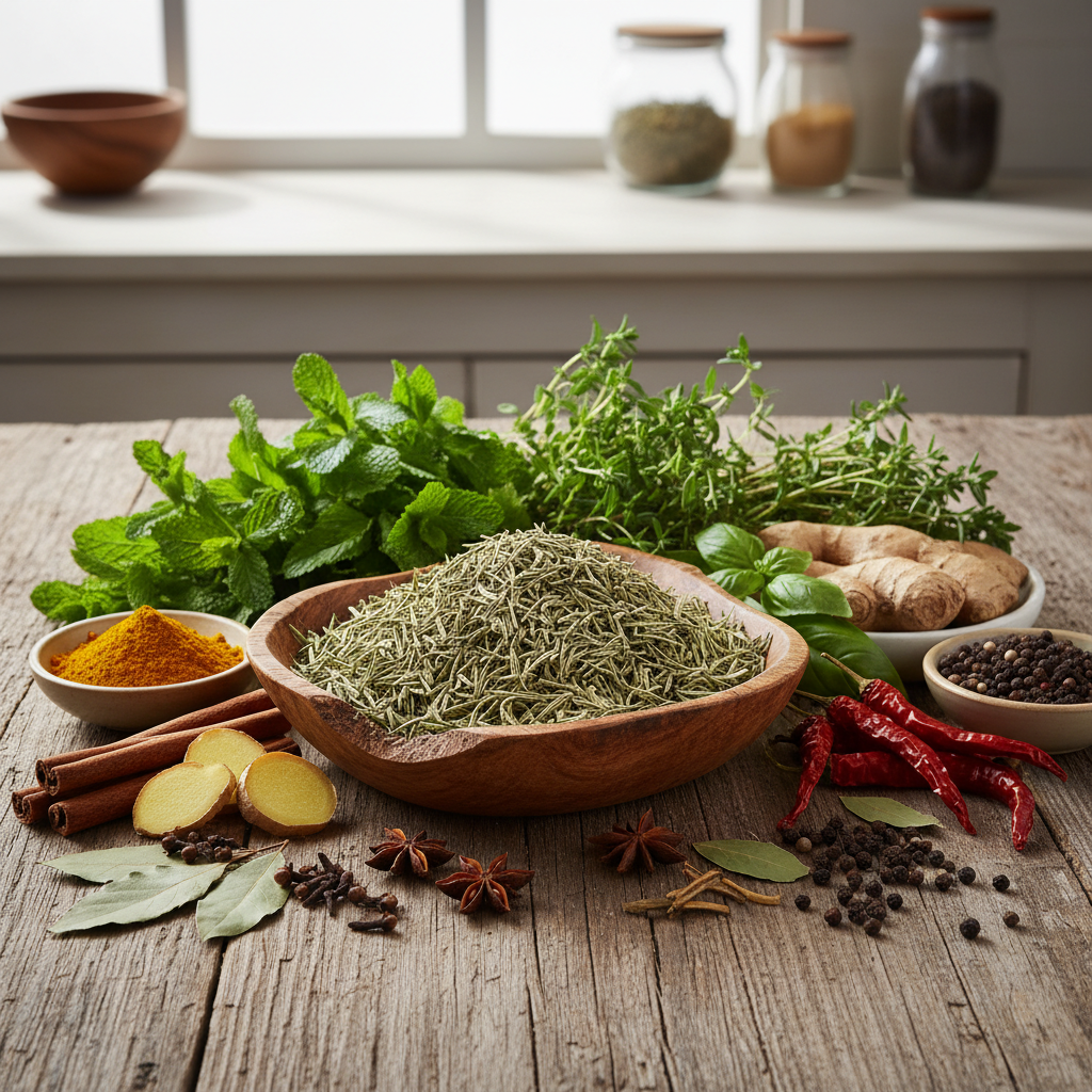 Berbagai tanaman herbal dan rempah alami di atas permukaan kayu